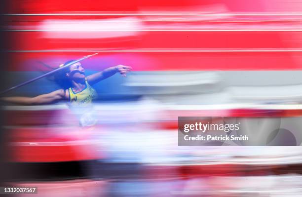 Mackenzie Little of Team Australia competes in the Women's Javelin Throw Qualification on day eleven of the Tokyo 2020 Olympic Games at Olympic...