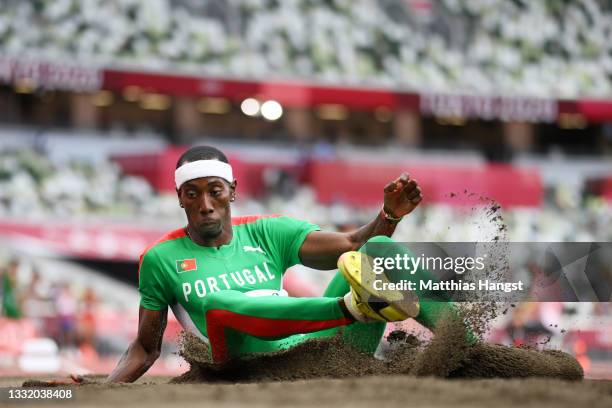 Pedro Pichardo of Team Portugal competes in the Men's Triple Jump Qualification on day eleven of the Tokyo 2020 Olympic Games at Olympic Stadium on...