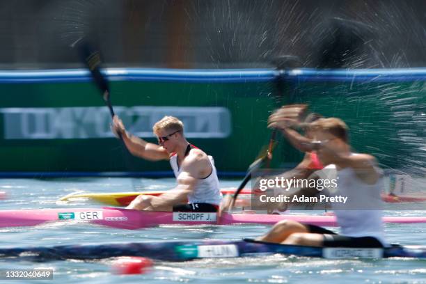 Jacob Schopf of Team Germany competes during the Men's Kayak Single 1000m Semi-final 1 on day eleven of the Tokyo 2020 Olympic Games at Sea Forest...