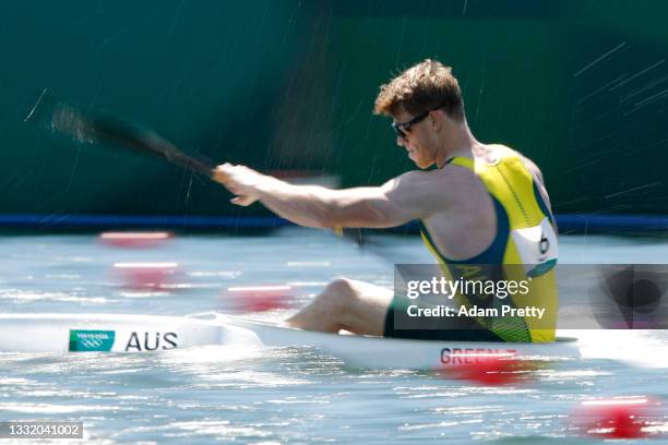 Thomas Green of Team Australia competes during the Men's Kayak Single 1000m Semi-final 2 on day eleven of the Tokyo 2020 Olympic Games at Sea Forest...