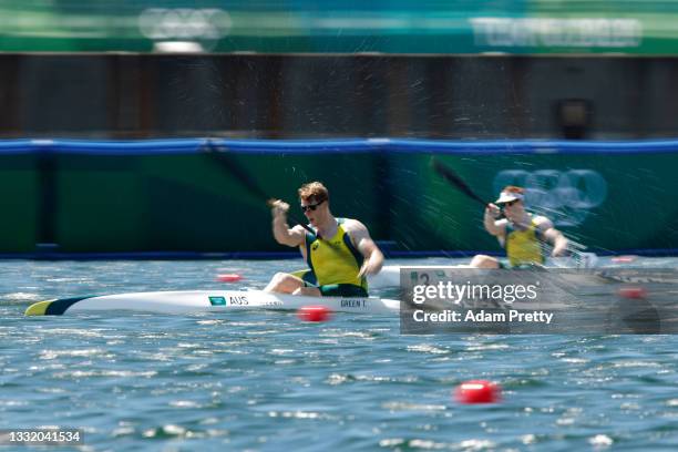 Thomas Green of Team Australia competes against Jean van der Westhuyzen of Team Australia during the Men's Kayak Single 1000m Semi-final 2 on day...