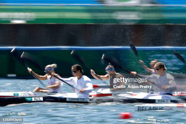 Lisa Carrington and Caitlin Regal of Team New Zealand compete during the Women's Kayak Double 500m Semi-final 2 on day eleven of the Tokyo 2020...