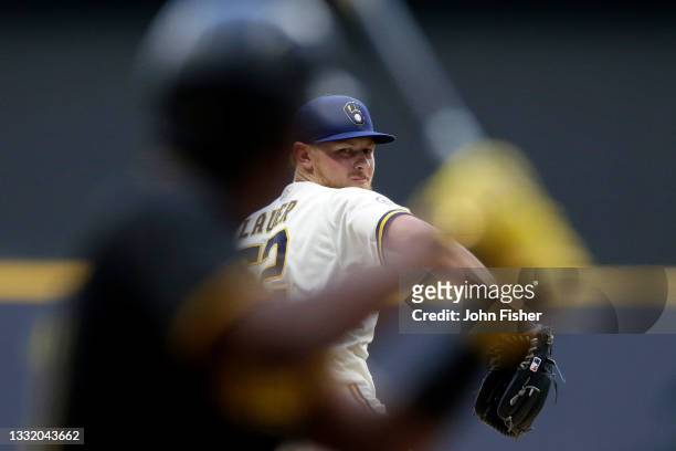 Eric Lauer of the Milwaukee Brewers throws a pitch in the first inning against the Pittsburgh Pirates at American Family Field on August 02, 2021 in...