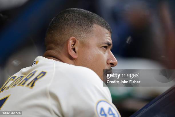 Eduardo Escobar of the Milwaukee Brewers looks on in the third inning against the Pittsburgh Pirates at American Family Field on August 02, 2021 in...