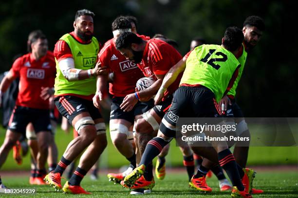 Akira Ioane runs through drills during a New Zealand All Blacks training session at Waitakere Stadium on August 03, 2021 in Auckland, New Zealand.
