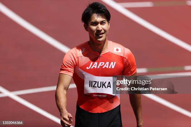 Shota Iizuka of Team Japan reacts after competing in round one of the Men's 200m heats at Olympic Stadium on August 03, 2021 in Tokyo, Japan.