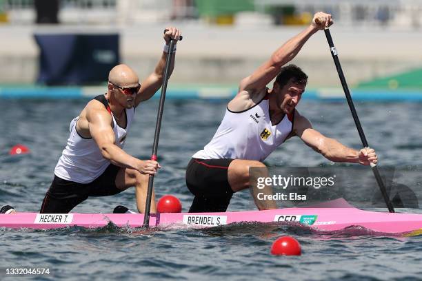 Sebastian Brendel and Tim Hecker of Team Germany compete during the Men's Canoe Double 1000m Semi-final 2 on day eleven of the Tokyo 2020 Olympic...