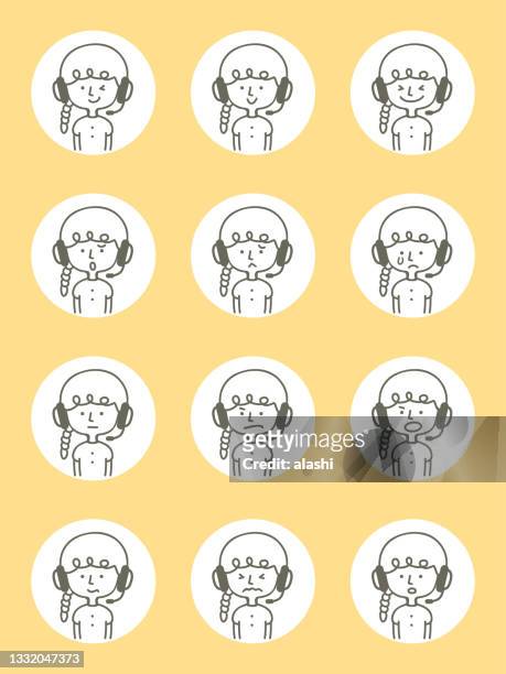 ilustrações, clipart, desenhos animados e ícones de ícones de avatar bonitos (expressão facial, emoticon) de meninas usando fones de ouvido em estilo de linha fina - design plat