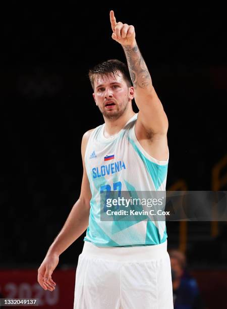 Luka Doncic celebrates during the second half of a Men's Basketball Quarterfinal game against Team Germany on day eleven of the Tokyo 2020 Olympic...