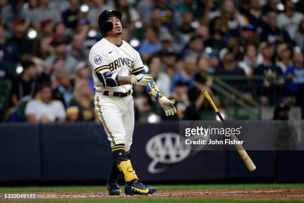 Kolten Wong of the Milwaukee Brewers reacts after flying out in the sixth inning against the Pittsburgh Pirates at American Family Field on August...