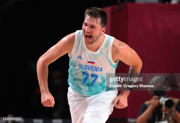 Luka Doncic celebrates during the second half of a Men's Basketball Quarterfinal game against Team Germany on day eleven of the Tokyo 2020 Olympic...