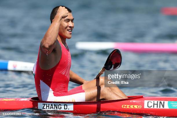 Dong Zhang of Team China reacts following the Men's Kayak Single 1000m Semi-final 1 on day eleven of the Tokyo 2020 Olympic Games at Sea Forest...