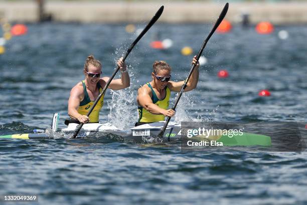 Jaime Roberts and Jo Brigden-Jones of Team Australia competes during the Women's Kayak Double 500m Semi-final 2 on day eleven of the Tokyo 2020...