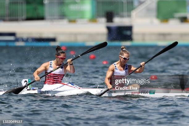 Manon Hostens and Sarah Guyot of Team France compete during the Women's Kayak Double 500m Semi-final 1 on day eleven of the Tokyo 2020 Olympic Games...