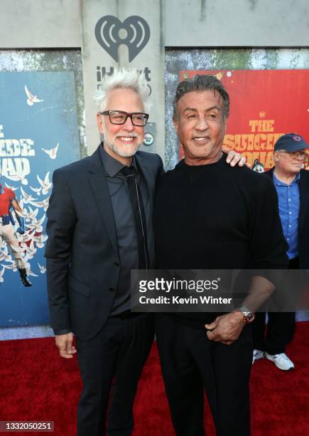 James Gunn and Sylvester Stallone attend the Warner Bros. Premiere of "The Suicide Squad" at Regency Village Theatre on August 02, 2021 in Los...