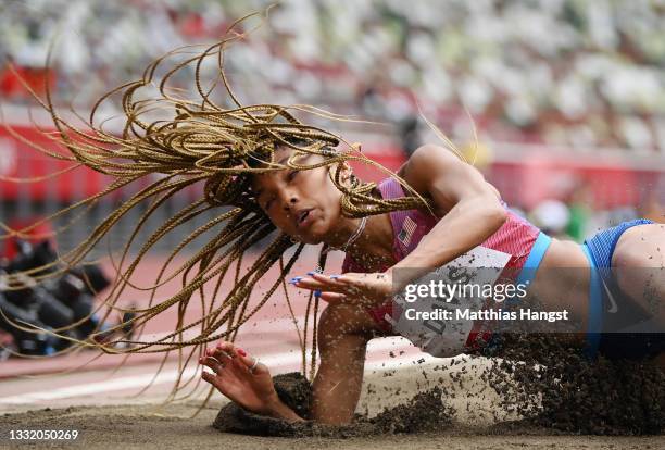 Tara Davis of Team United States competes in the Women's Long Jump Final on day eleven of the Tokyo 2020 Olympic Games at Olympic Stadium on August...