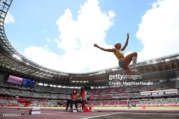 Malaika Mihambo of Team Germany competes in the Women's Long Jump Final on day eleven of the Tokyo 2020 Olympic Games at Olympic Stadium on August...