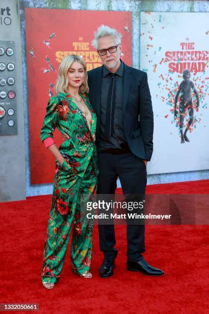 Jennifer Holland and James Gunn attend the Warner Bros. Premiere of "The Suicide Squad" at Regency Village Theatre on August 02, 2021 in Los Angeles,...