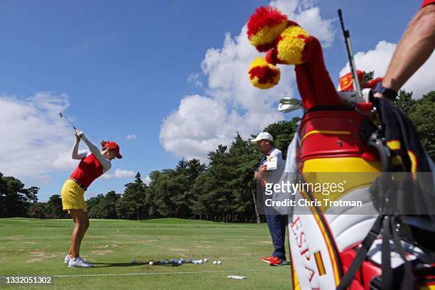Azahara Munoz of Team Spain plays during a practice round at Kasumigaseki Country Club ahead of the Tokyo Olympic Games on August 03, 2021 in Tokyo,...