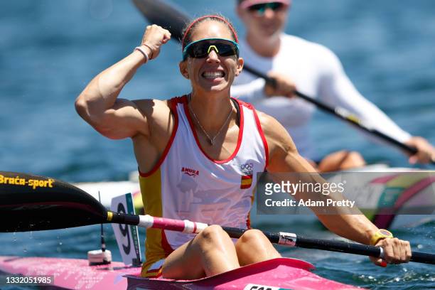 Teresa Portela of Team Spain reacts after winning the silver medal in the Women's Kayak Single 200m Final A on day eleven of the Tokyo 2020 Olympic...