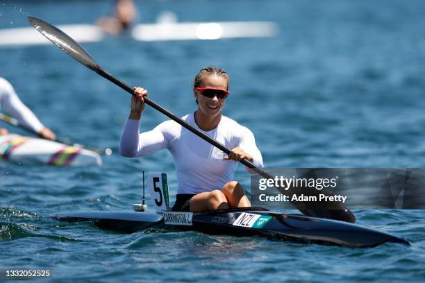 Lisa Carrington of Team New Zealand reacts after winning the gold medal in the Women's Kayak Single 200m Final A on day eleven of the Tokyo 2020...