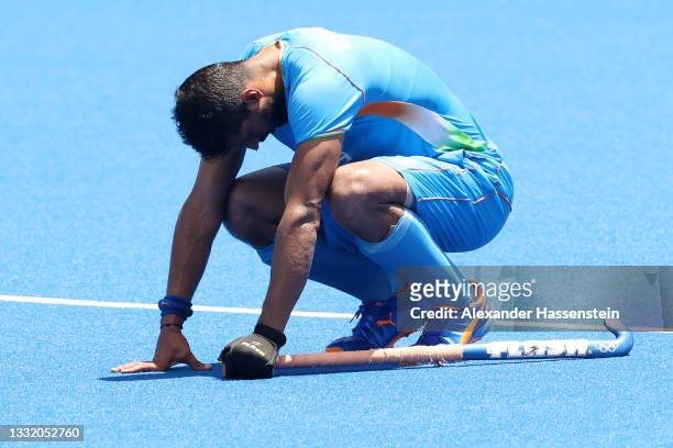 Rupinder Pal Singh of Team India reacts after the Men's Semifinal match between India and Belgium on day eleven of the Tokyo 2020 Olympic Games at Oi...