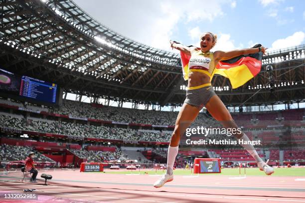 Malaika Mihambo of Team Germany celebrates winning the gold medal in the Women's Long Jump Final on day eleven of the Tokyo 2020 Olympic Games at...