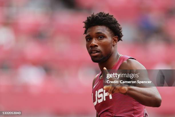 Noah Lyles of Team United States reacts after finishing first in round one of the Men's 200m heats on day eleven of the Tokyo 2020 Olympic Games at...