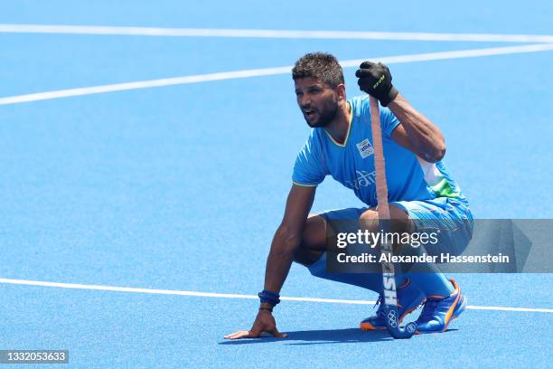 Rupinder Pal Singh of Team India reacts after the Men's Semifinal match between India and Belgium on day eleven of the Tokyo 2020 Olympic Games at Oi...