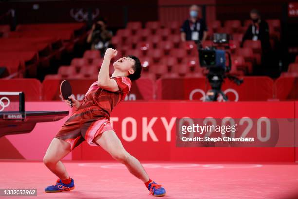 Harimoto Tomokazu of Team Japan reacts during his Men's Team Quarterfinals table tennis match on day eleven of the Tokyo 2020 Olympic Games at Tokyo...