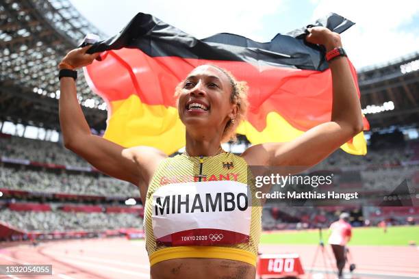 Malaika Mihambo of Team Germany celebrates winning the gold medal in the Women's Long Jump Final on day eleven of the Tokyo 2020 Olympic Games at...