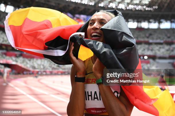 Malaika Mihambo of Team Germany celebrates winning the gold medal in the Women's Long Jump Final on day eleven of the Tokyo 2020 Olympic Games at...
