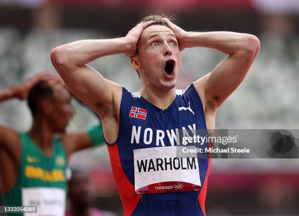 Karsten Warholm of Team Norway reacts after winning the gold medal in the Men's 400m Hurdles Final on day eleven of the Tokyo 2020 Olympic Games at...