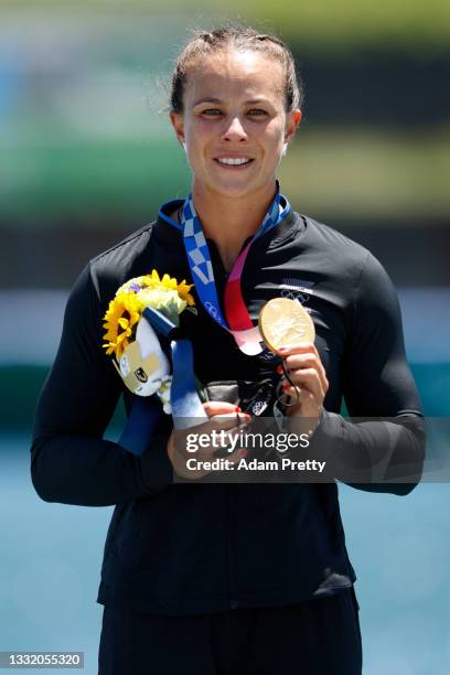 Gold medalist Lisa Carrington of Team New Zealand celebrates at the medal ceremony for the Women's Kayak Single 200m Final A on day eleven of the...