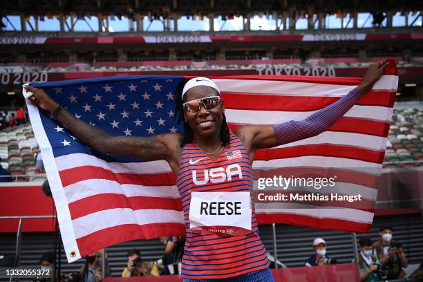 Brittney Reese of Team United States celebrates winning the silver medal in the Women's Long Jump Final on day eleven of the Tokyo 2020 Olympic Games...