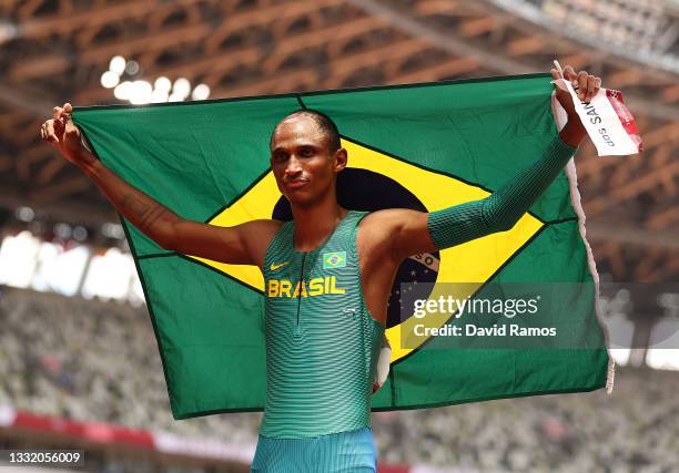 Alison dos Santos of Team Brazil reacts after winning the bronze medal in the Men's 400m Hurdles on day eleven of the Tokyo 2020 Olympic Games at...