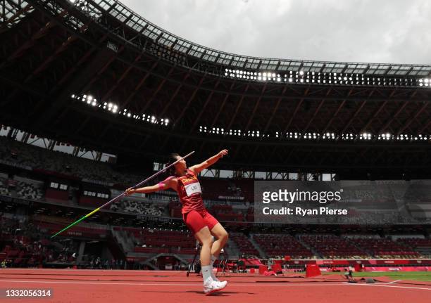 Shiying Liu of Team China competes in the Women's Javelin Throw Qualification on day eleven of the Tokyo 2020 Olympic Games at Olympic Stadium on...