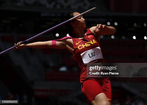 Shiying Liu of Team China competes in the Women's Javelin Throw Qualification on day eleven of the Tokyo 2020 Olympic Games at Olympic Stadium on...