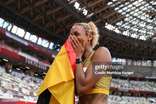 Malaika Mihambo of Team Germany reacts after winning the gold medal in the Women's Long Jump Final on day eleven of the Tokyo 2020 Olympic Games at...