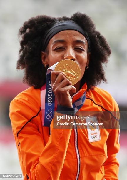 Sifan Hassan of Team Netherlands poses with the gold medal for the Women's 5000m on day eleven of the Tokyo 2020 Olympic Games at Olympic Stadium on...