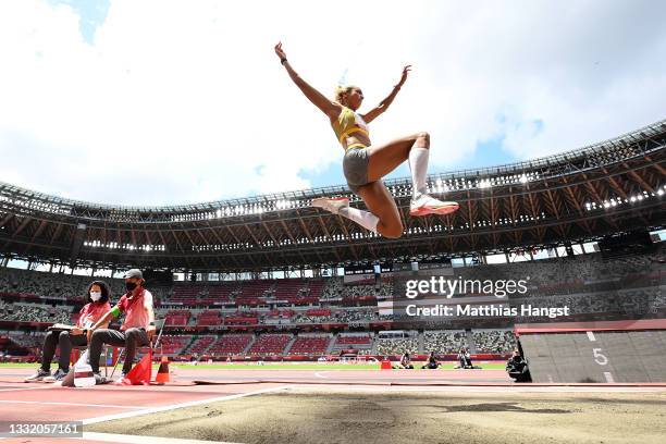 Malaika Mihambo of Team Germany competes in the Women's Long Jump final on day eleven of the Tokyo 2020 Olympic Games at Olympic Stadium on August...