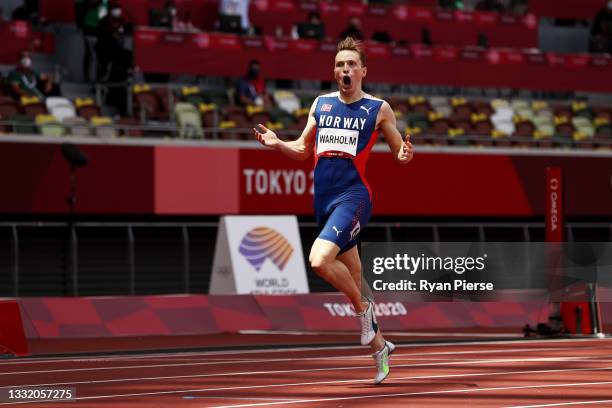 Karsten Warholm of Team Norway reacts after winning the gold medal in the Men's 400m Hurdles Final on day eleven of the Tokyo 2020 Olympic Games at...