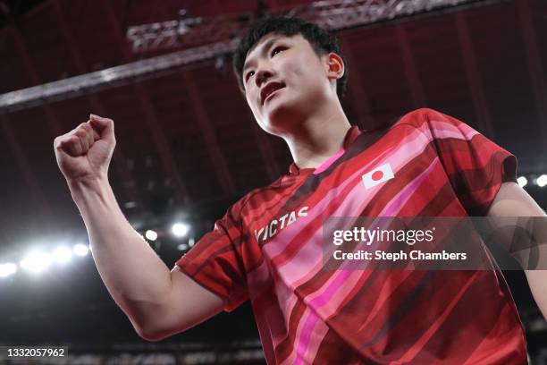 Harimoto Tomokazu of Team Japan reacts during his Men's Team Quarterfinals table tennis match on day eleven of the Tokyo 2020 Olympic Games at Tokyo...