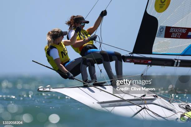 Annemiek Bekkering and Annette Duetz of Team Netherlands compete in the Women's Skiff 49er class on day eleven of the Tokyo 2020 Olympic Games at...
