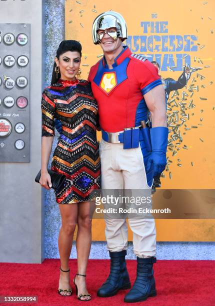 Shay Shariatzadeh and John Cena attend the Warner Bros. Premiere of "The Suicide Squad" at The Landmark Westwood on August 02, 2021 in Los Angeles,...