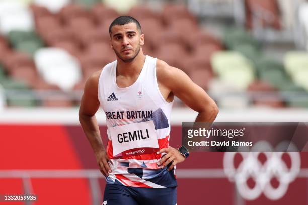 Adam Gemili of Team Great Britain walks during round one of the Men's 200m heats after an apparent injury on day eleven of the Tokyo 2020 Olympic...