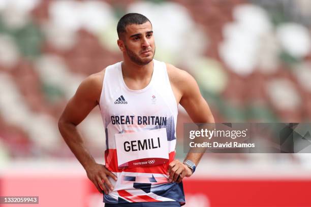 Adam Gemili of Team Great Britain walks during round one of the Men's 200m heats after an apparent injury on day eleven of the Tokyo 2020 Olympic...