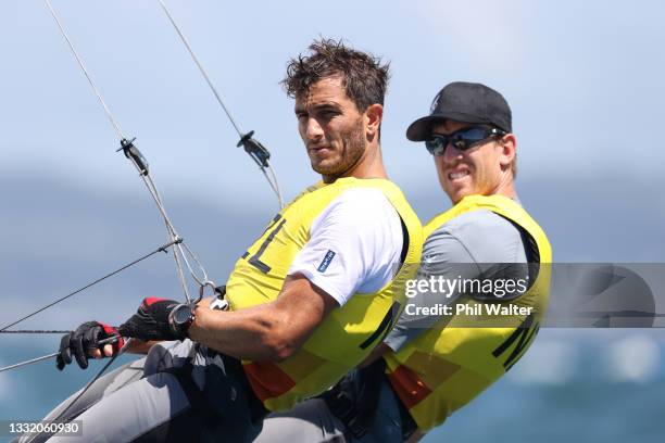 Peter Burling and Blair Tuke of Team New Zealand compete in the Men's Skiff 49er class medal race on day eleven of the Tokyo 2020 Olympic Games at...