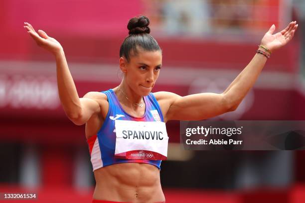 Ivana Spanovic of Team Serbia reacts while competing in the Women's Long Jump Final on day eleven of the Tokyo 2020 Olympic Games at Olympic Stadium...