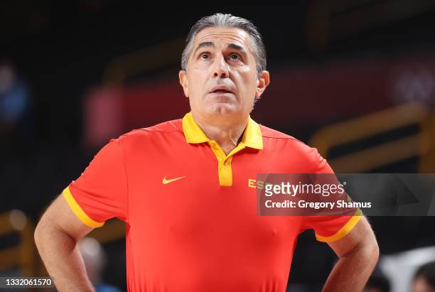 Team Spain Head Coach Sergio Scariolo reacts from the bench during the first half of Spains's Men's Basketball Quarterfinal game against Team United...